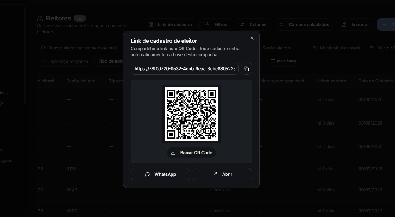 Link de cadastro de eleitor com QR Code para compartilhamento